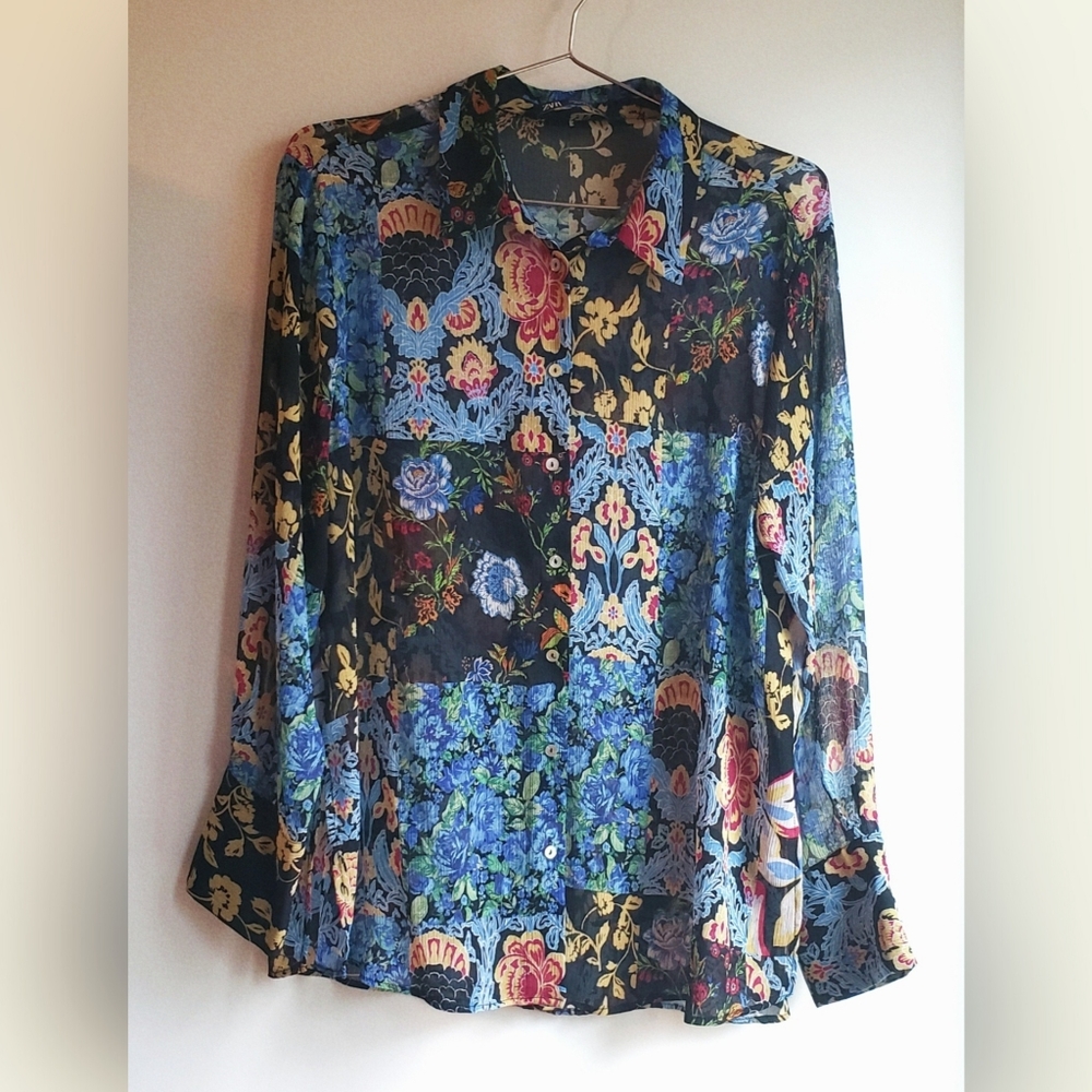 Zara sheer floral patchwork button down shirt